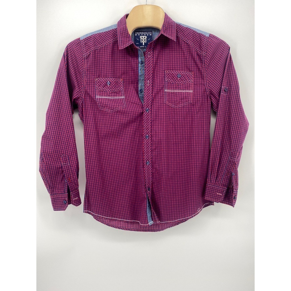 Tranquility Mayhem Button Up Shirt Mens Large Red Navy Gingham Excellent Rugged